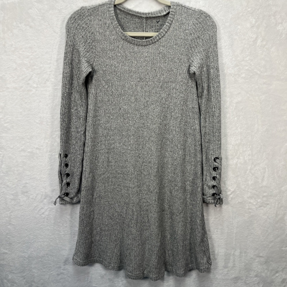 American Eagle Soft & Sexy Plush Dress Womens Small‎ Gray Lace Sleeve Cozy Fall